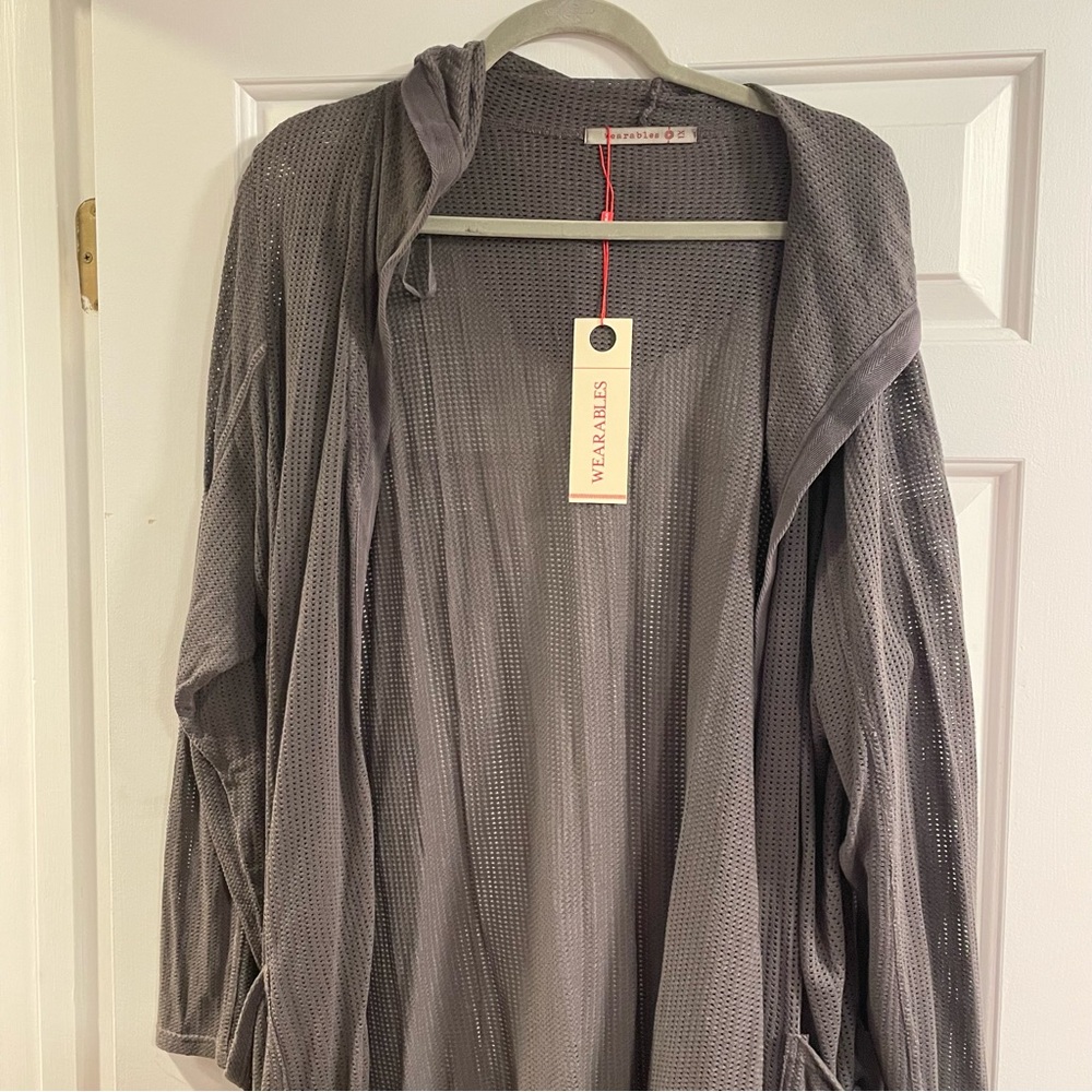 Wearables Hooded Perforated Longline Open Sweater Gray Size 1X